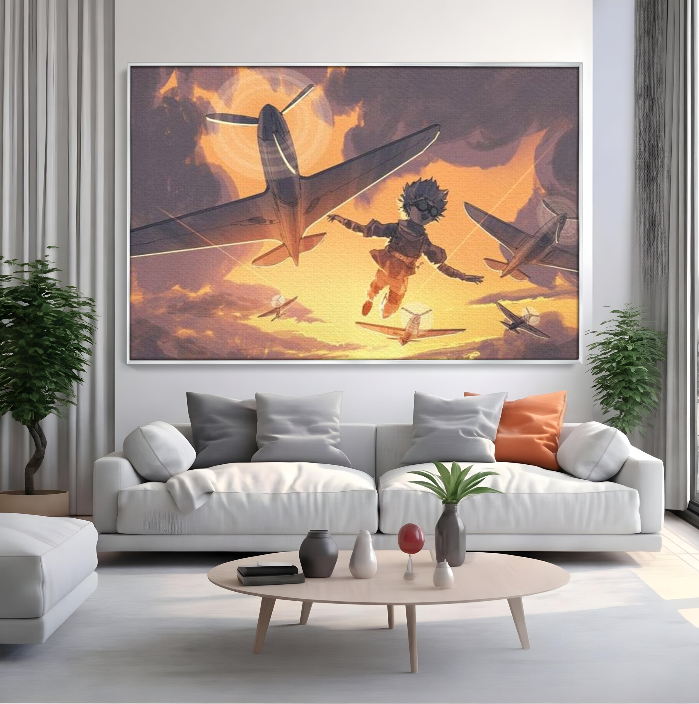 Tablou canvas cu ilustratie digitala cu un baietel zburand alaturi de avioane, in rama de aluminiu argintiu, pe perete intr-un living